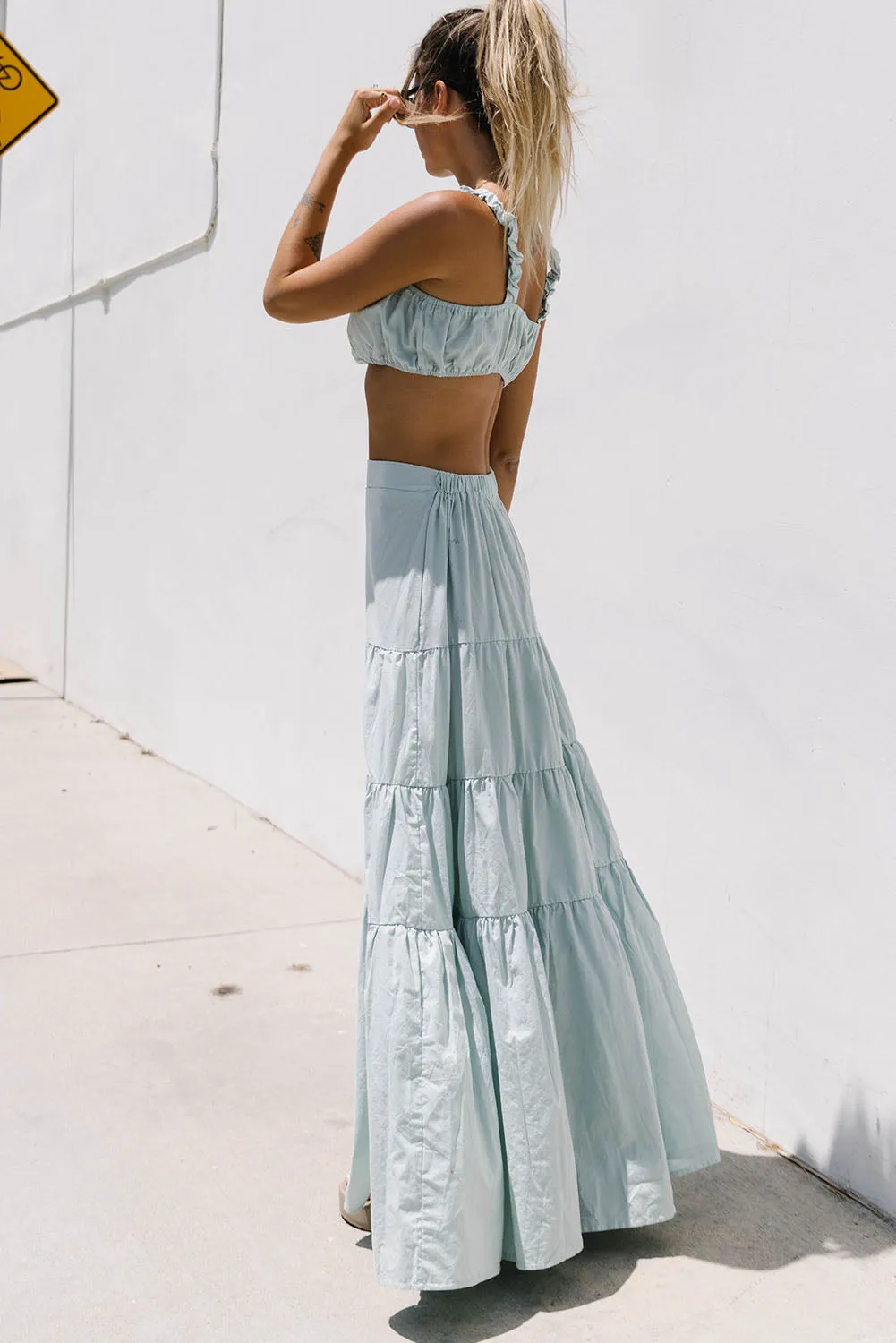 Sky Blue 2pcs Solid Color Crop Top Tiered Maxi Skirt Set
