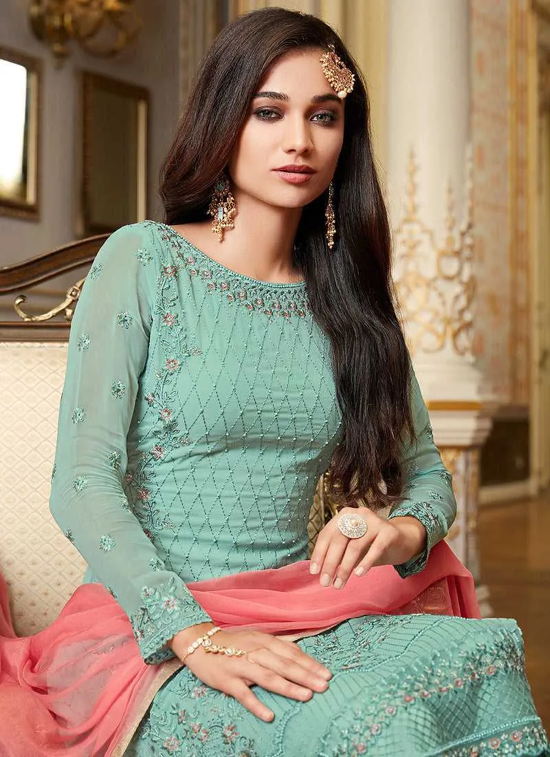 Sky Blue Embroidered Straight Pant Style Suit