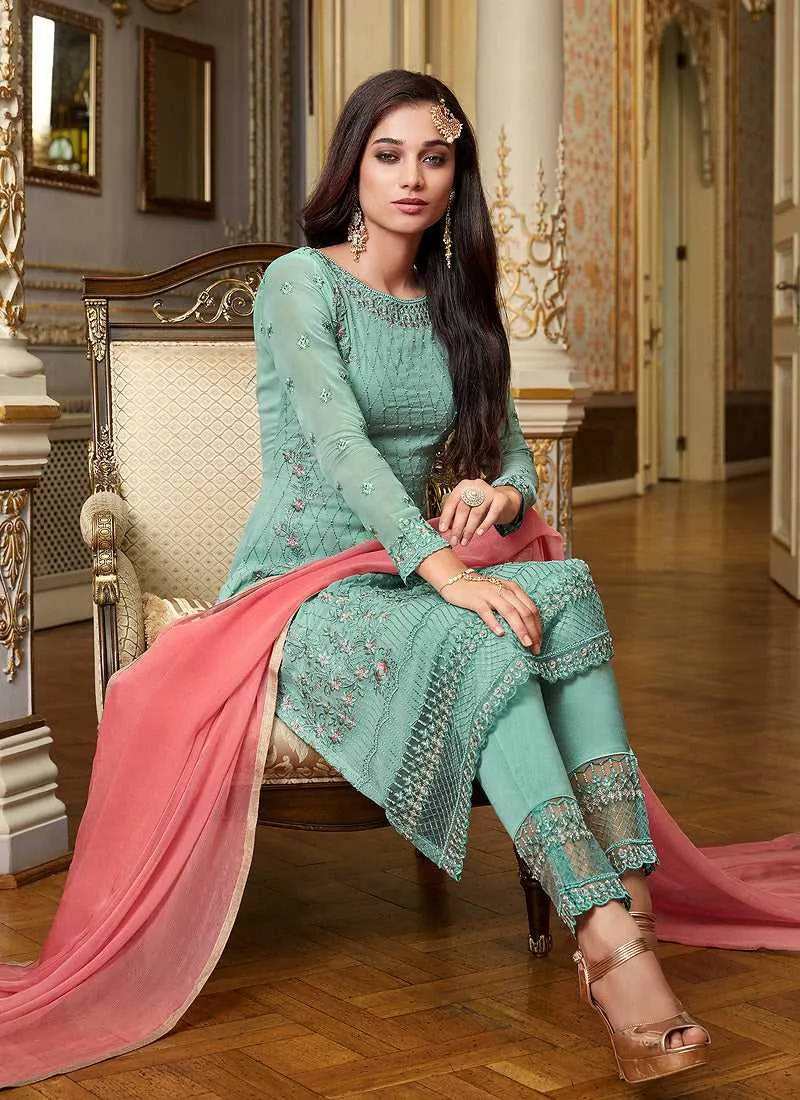 Sky Blue Embroidered Straight Pant Style Suit