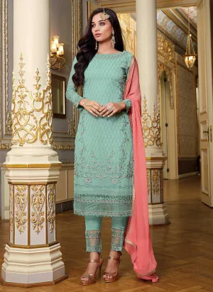 Sky Blue Embroidered Straight Pant Style Suit