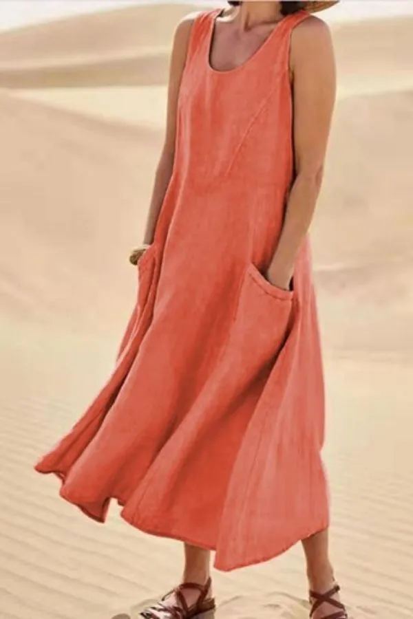 Sleeveless Round Neck Cotton Dress with Pockets