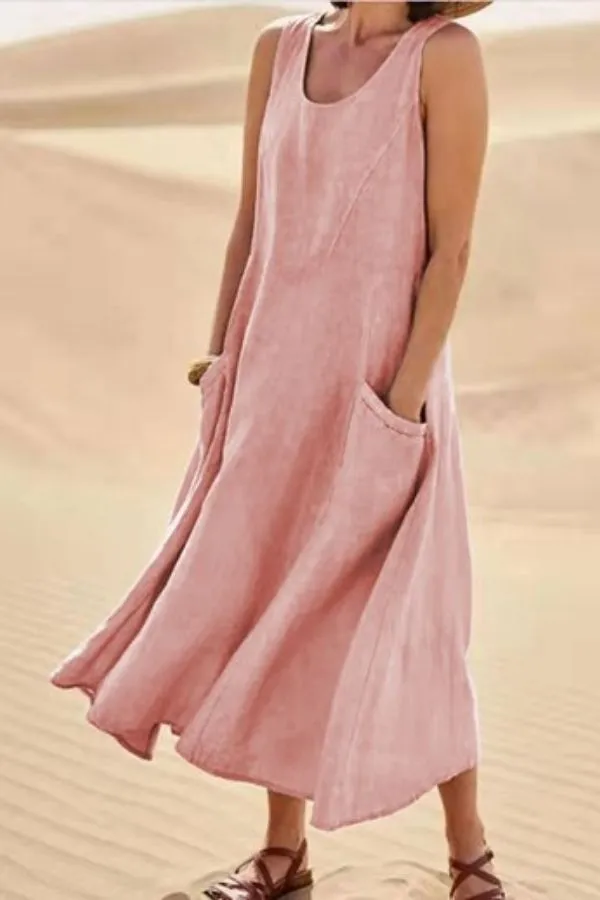 Sleeveless Round Neck Cotton Dress with Pockets