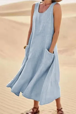 Sleeveless Round Neck Cotton Dress with Pockets