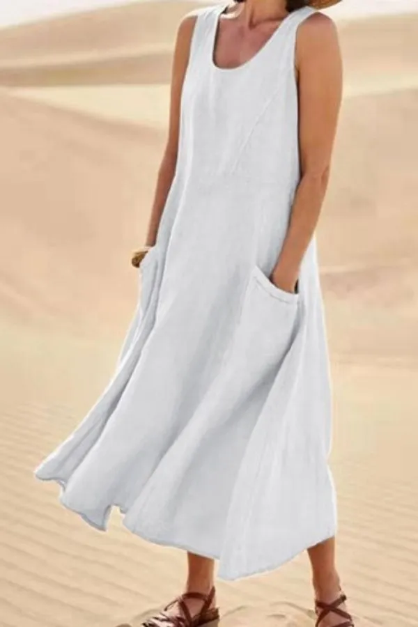 Sleeveless Round Neck Cotton Dress with Pockets