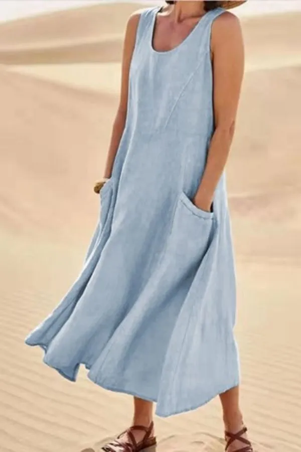 Sleeveless Round Neck Cotton Dress with Pockets