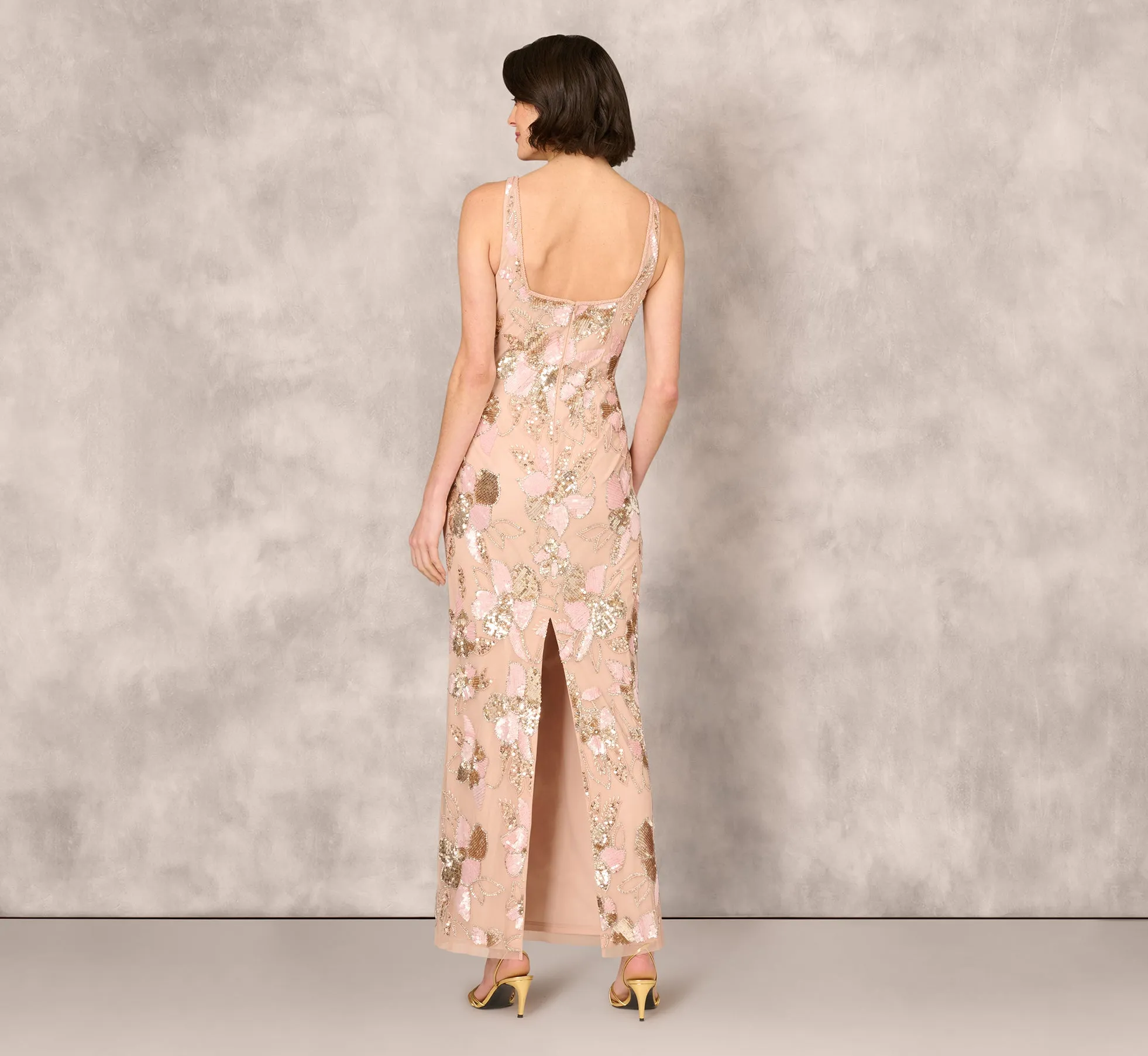 Sleeveless Square Neck Floral Beaded Column Gown In Pink