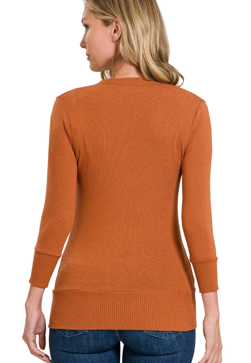 Snap Button Sweater Cardigan 3/4 Sleeve