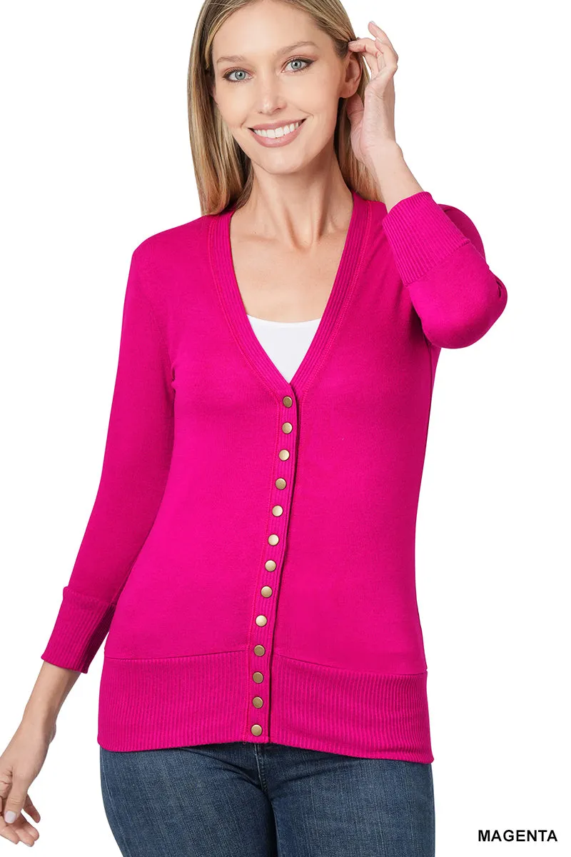 Snap Button Sweater Cardigan 3/4 Sleeve