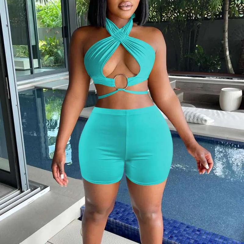 Solid Halter O Ring Cut Out Two Piece Shorts Set