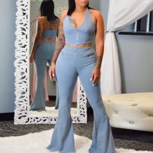 Solid Zipper Design Bell-bottomed Pants Set