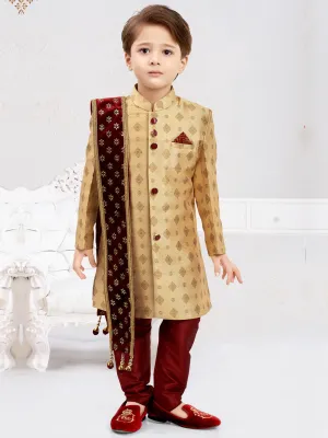 Sophisticated Cream Sherwani Set with Maroon Churidar and Dupatta