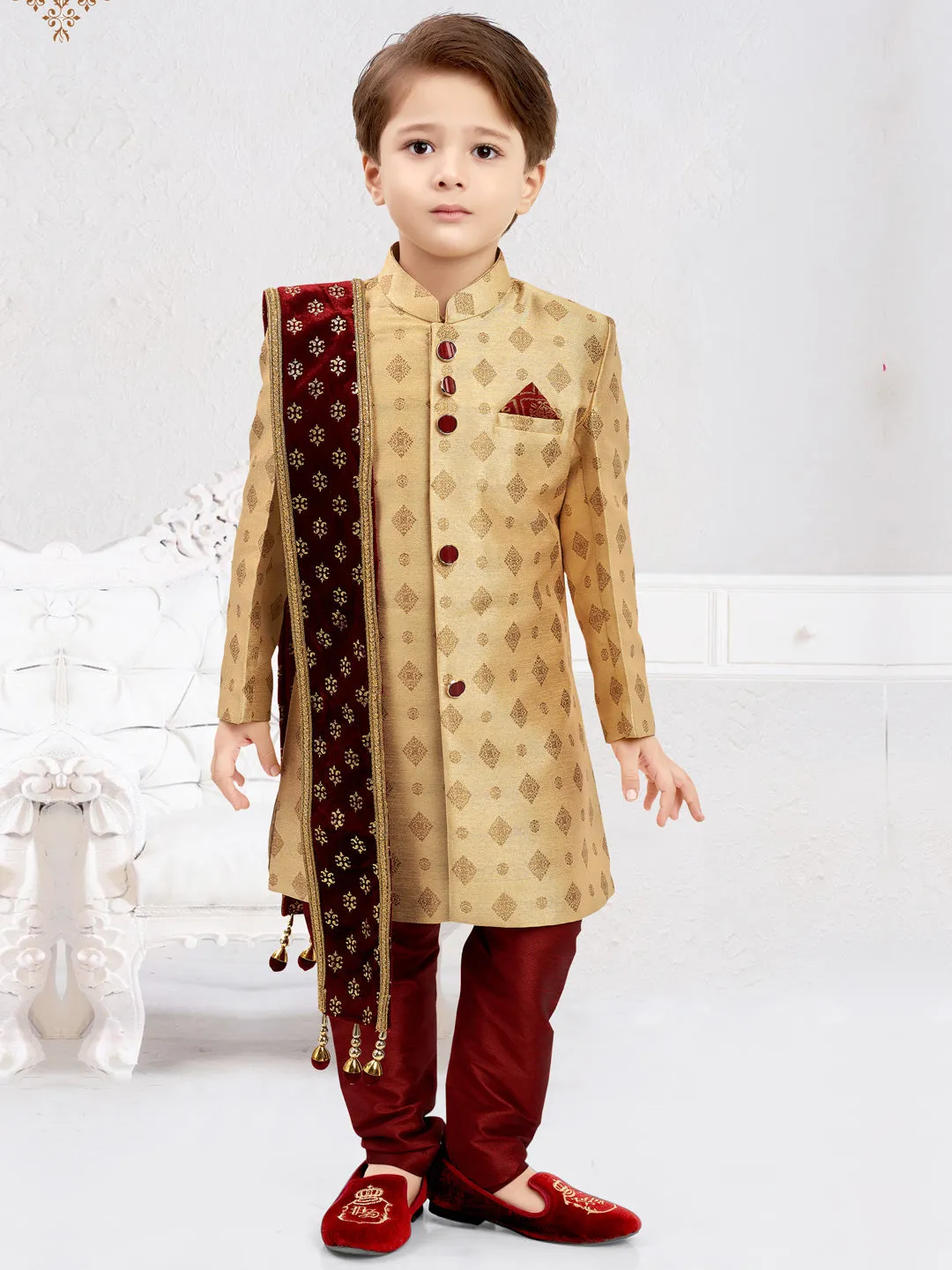Sophisticated Cream Sherwani Set with Maroon Churidar and Dupatta