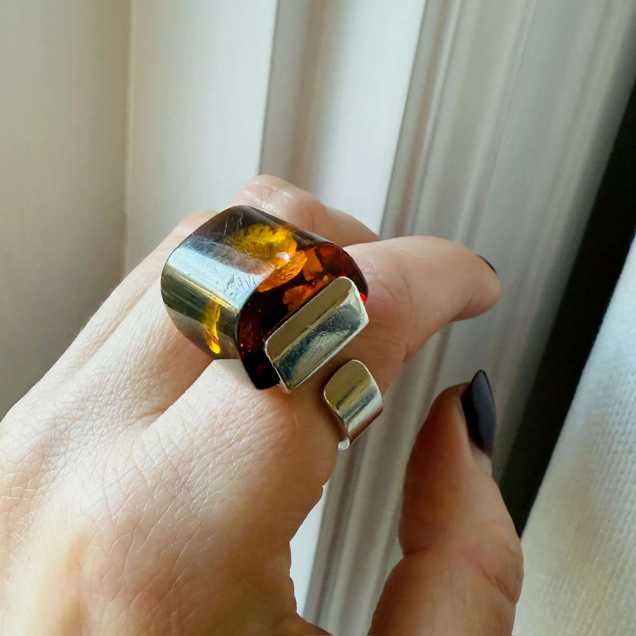 Sophisticated Modernist Baltic Amber & Sterling Ring