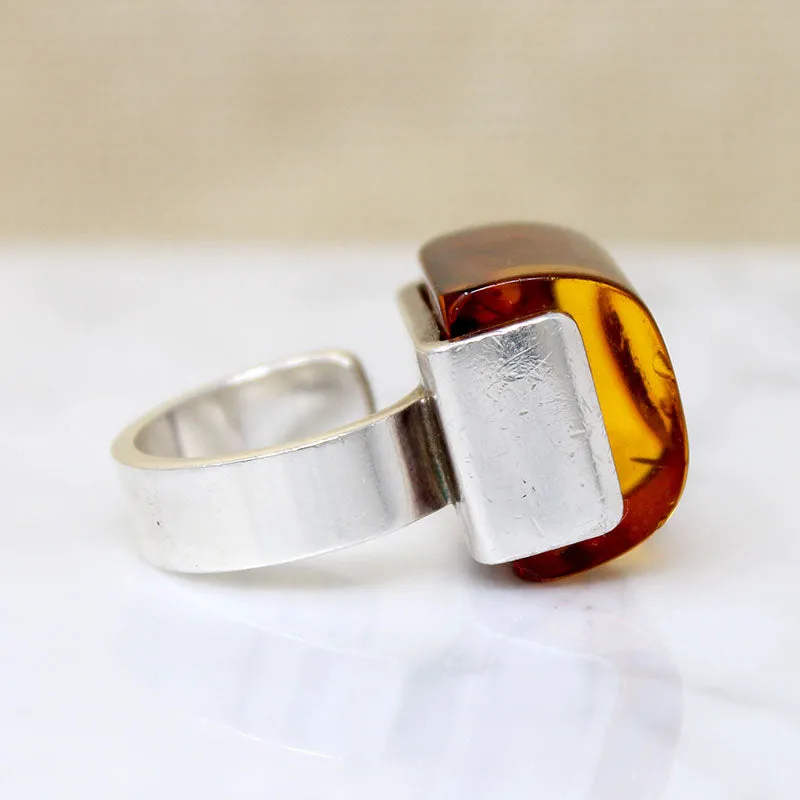 Sophisticated Modernist Baltic Amber & Sterling Ring