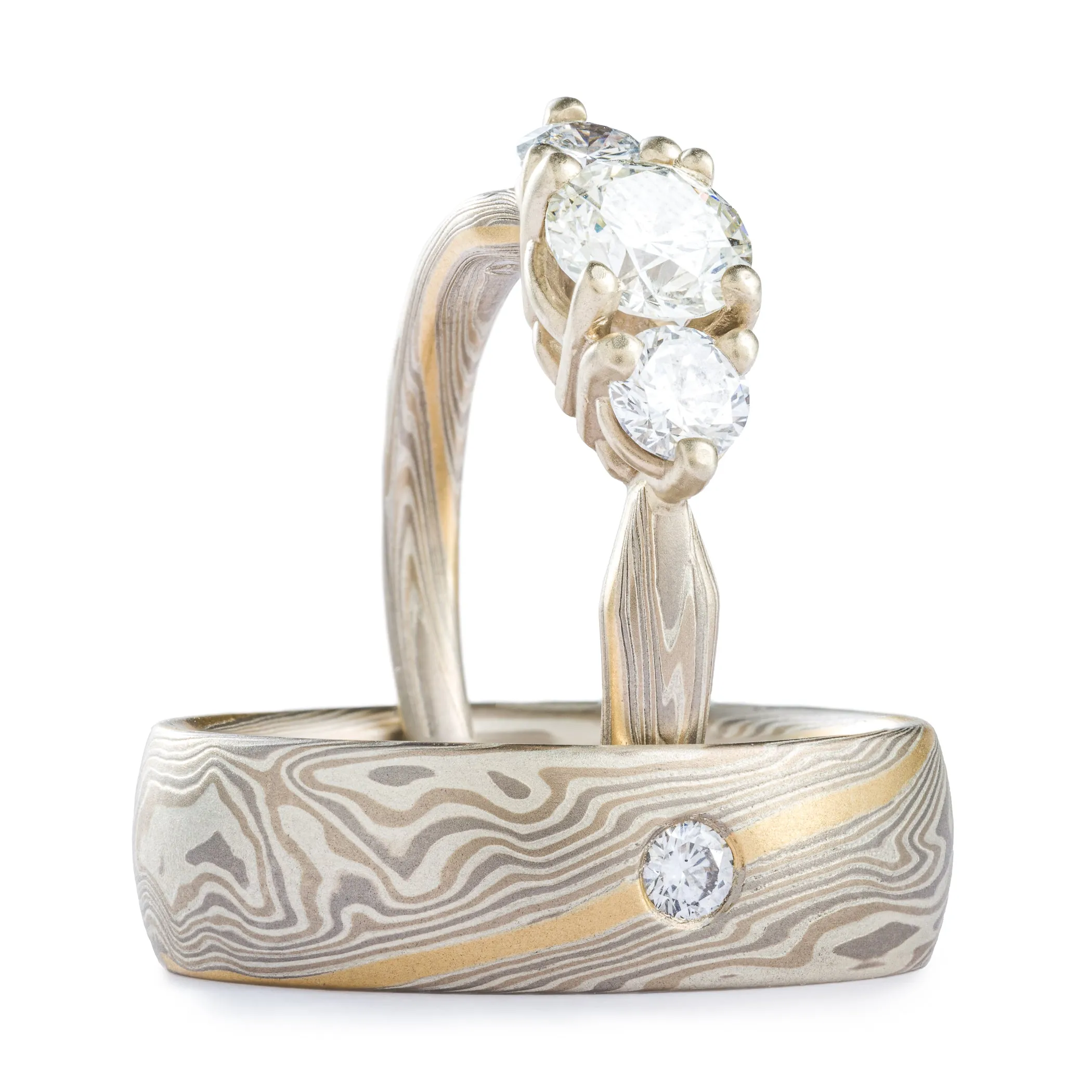Sophisticated Mokume Gane Wedding Ring Set in Smoke Palette and Twist Pattern