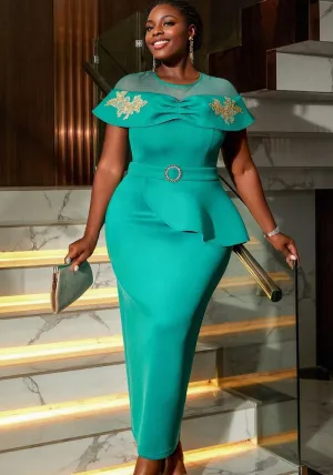 Sophisticated Shawl Sleeve Midi Dress with Belted Peplum Design