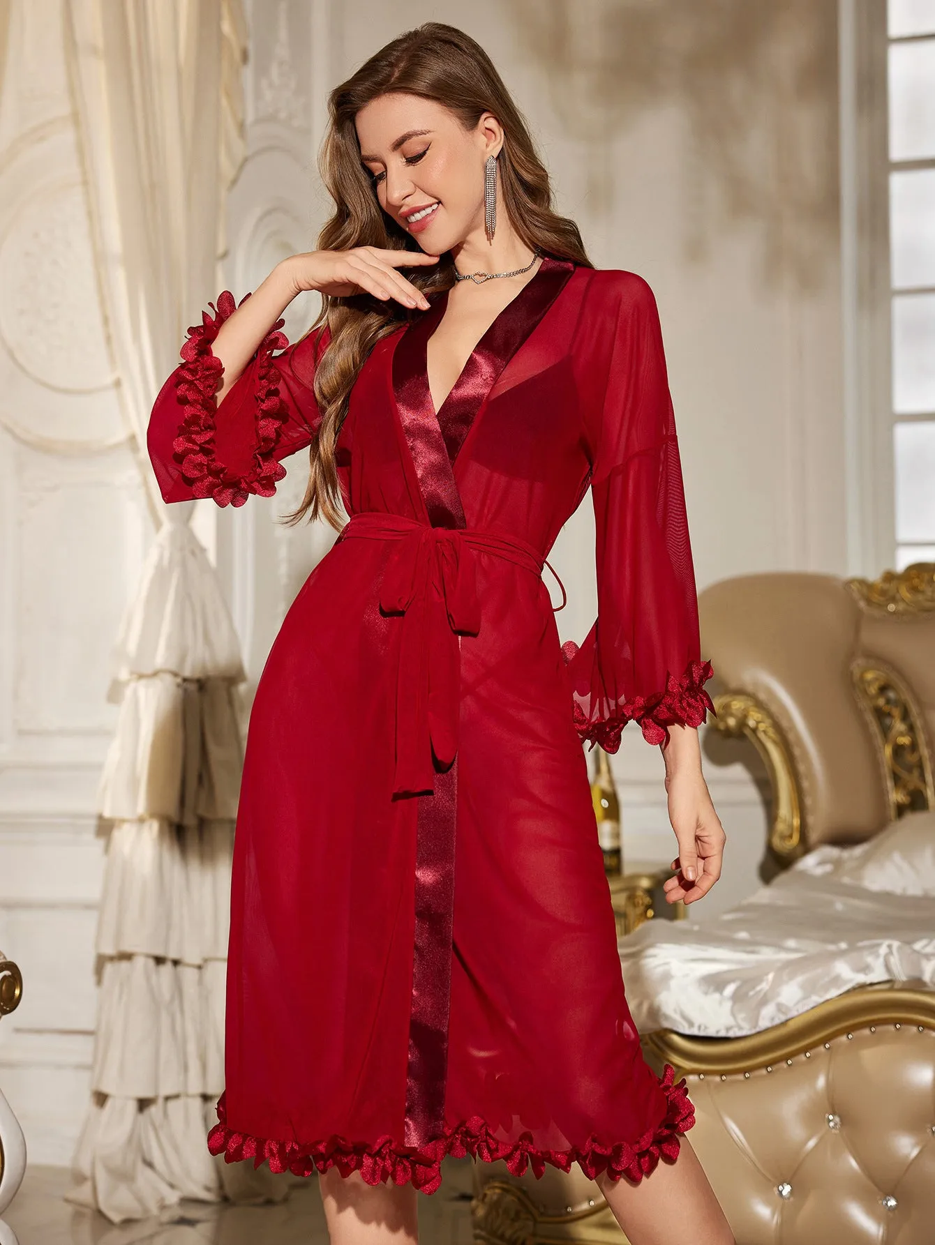 Sophisticated Sheer Lace Trimmed Robe with Satin Accents