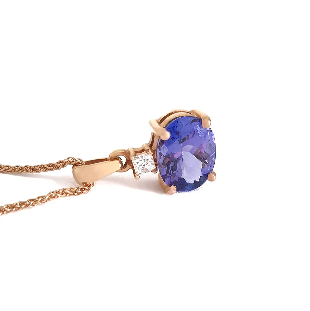 Sophisticated Tanzanite And Square Cut Diamond Accent Rose Gold Pendant