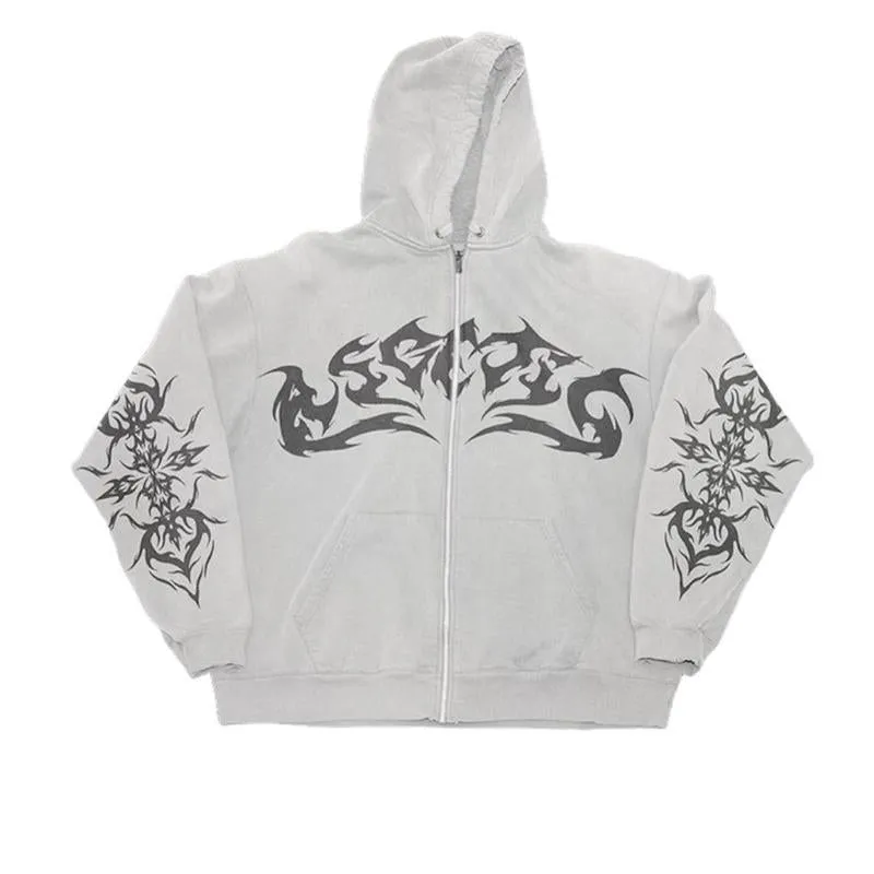 Streetwear Retro Clothing Flame Print Oversized Hoodie for Women Y2K Gothic Punk Casual Top Loose Zipper Sweatshirt
