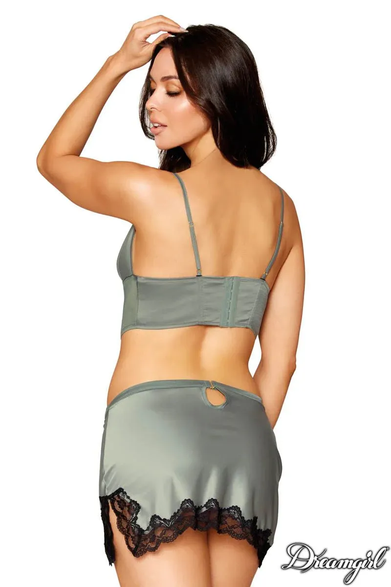 Stretch Satin Bustier & Mini Skirt Set with Stretch Lace Trim
