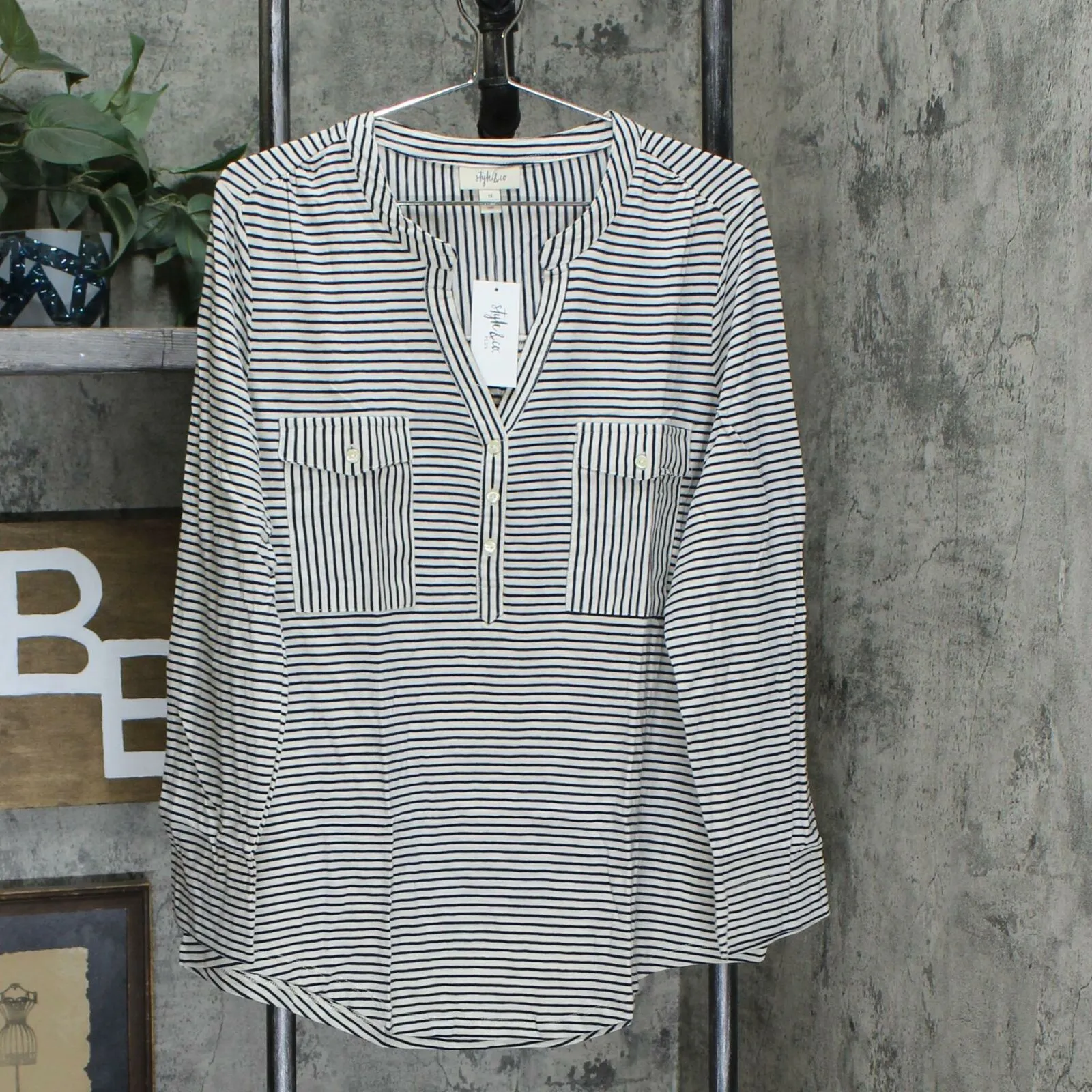 Style & Co. Plus Size Cotton Striped Split Neck Henley Top