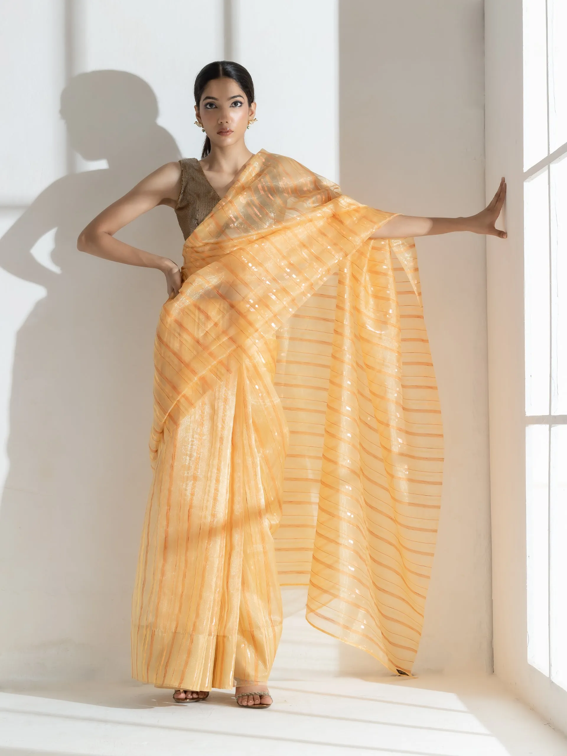 Sun Glow Yellow Organza Saree with Rosegold Stripes