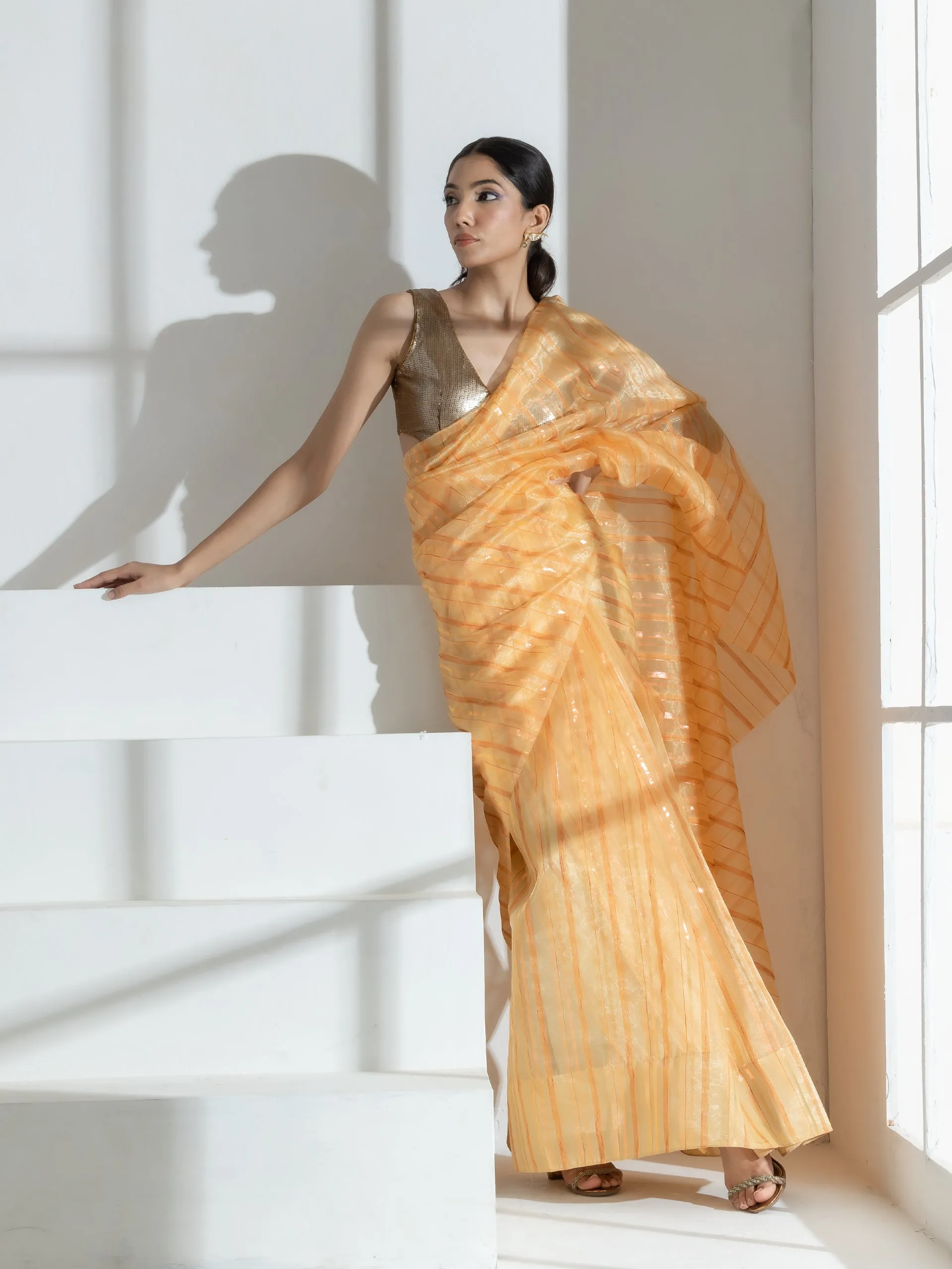 Sun Glow Yellow Organza Saree with Rosegold Stripes