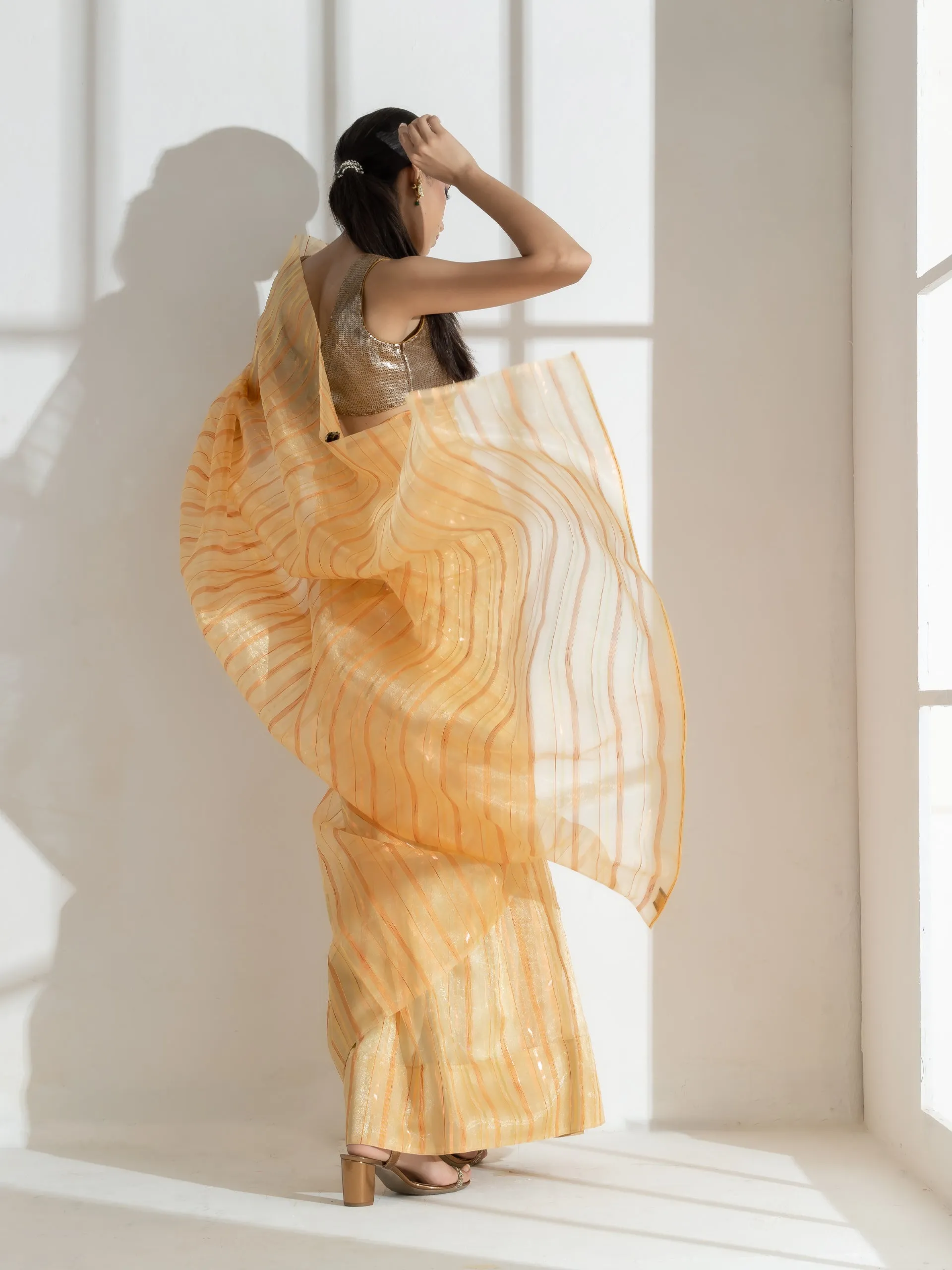 Sun Glow Yellow Organza Saree with Rosegold Stripes