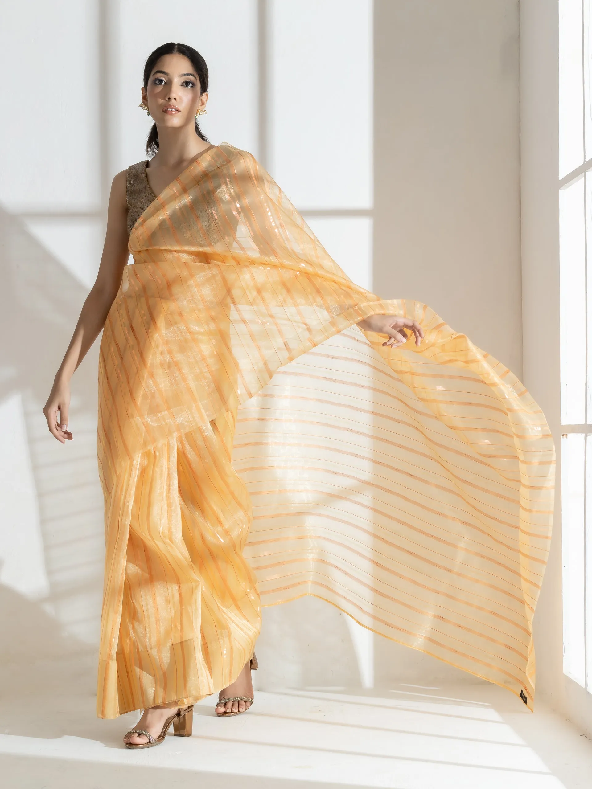 Sun Glow Yellow Organza Saree with Rosegold Stripes