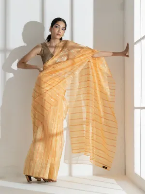 Sun Glow Yellow Organza Saree with Rosegold Stripes