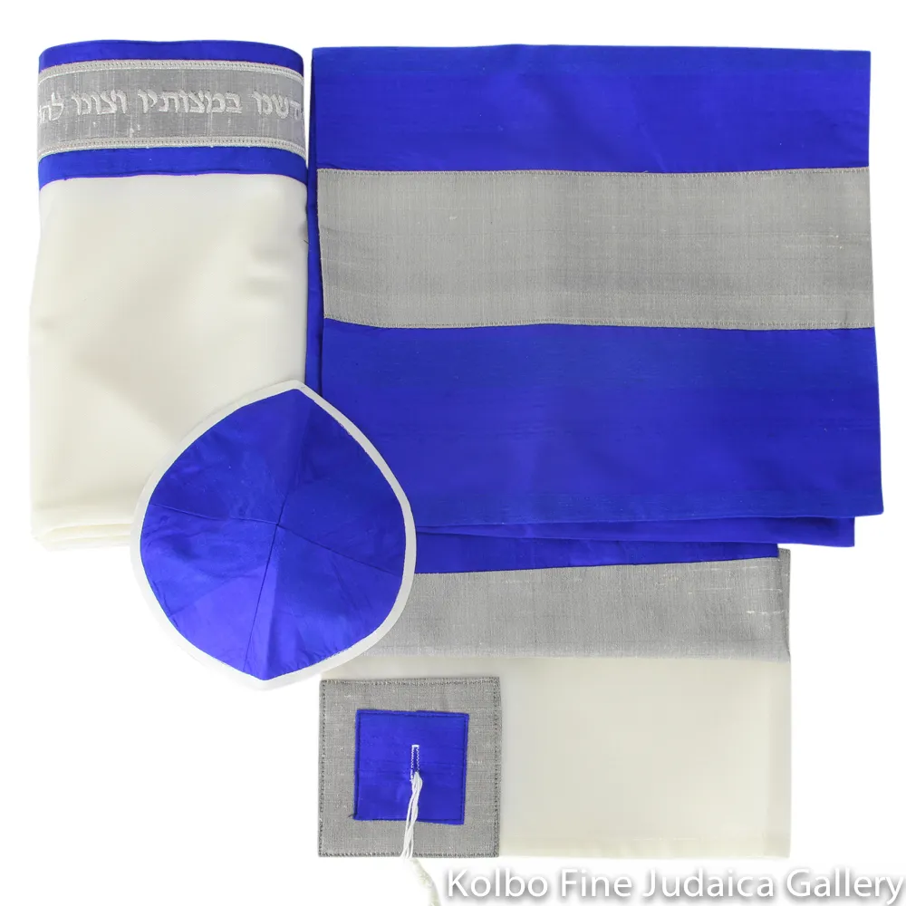 Tallit Set, Brilliant Blue Stripes with Silver Accents on White Background, Fine Wool