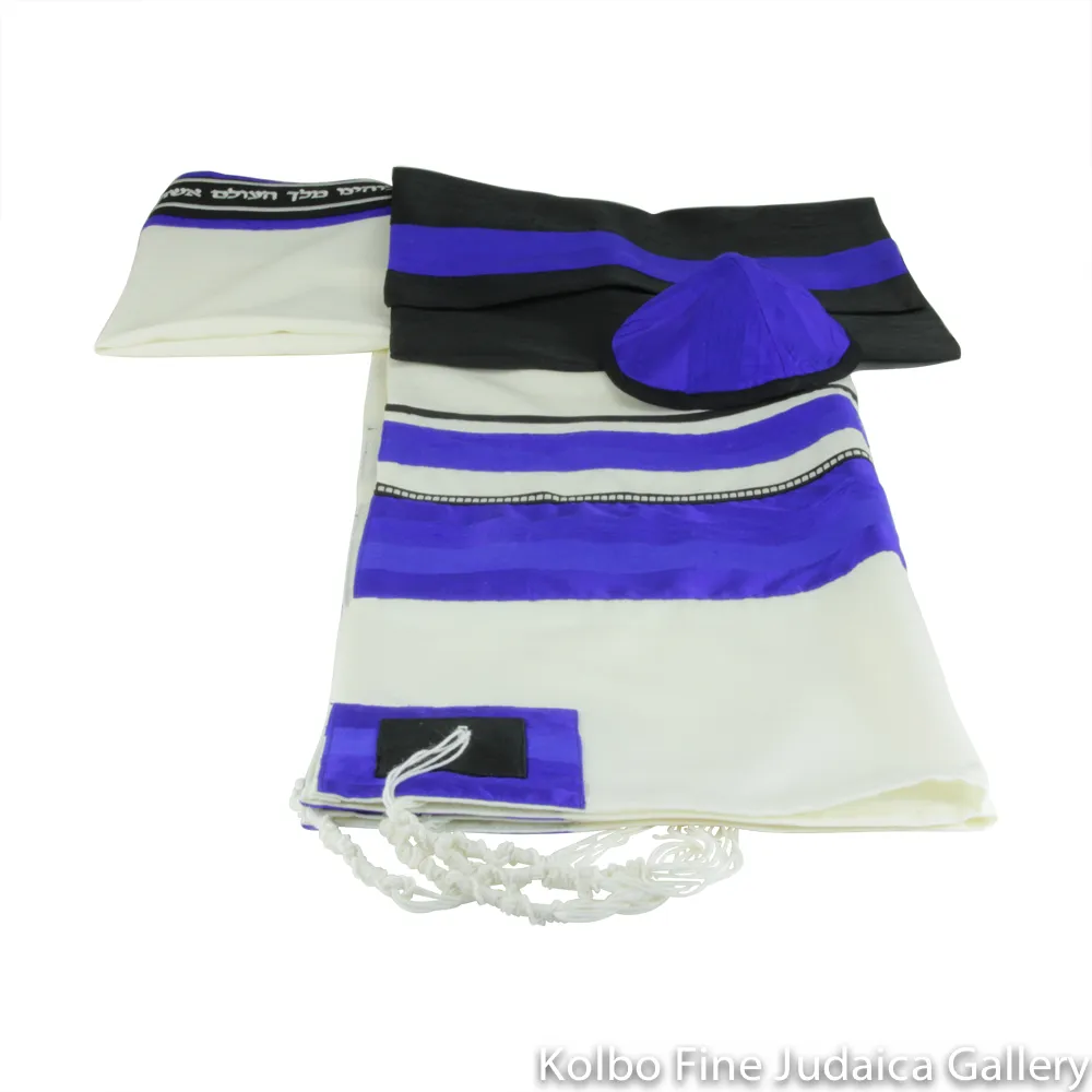 Tallit Set, Electric Blue Stripes on White Background, Fine Wool