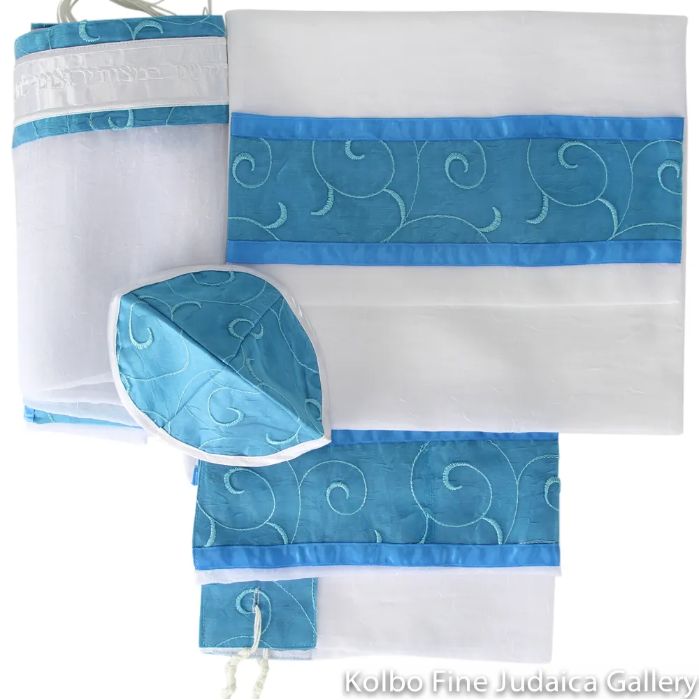 Tallit Set, Spiral Teal Design on White Chiffon