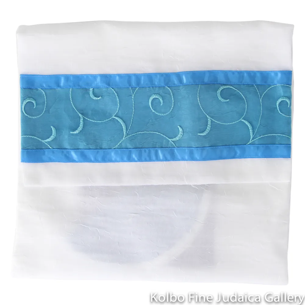 Tallit Set, Spiral Teal Design on White Chiffon