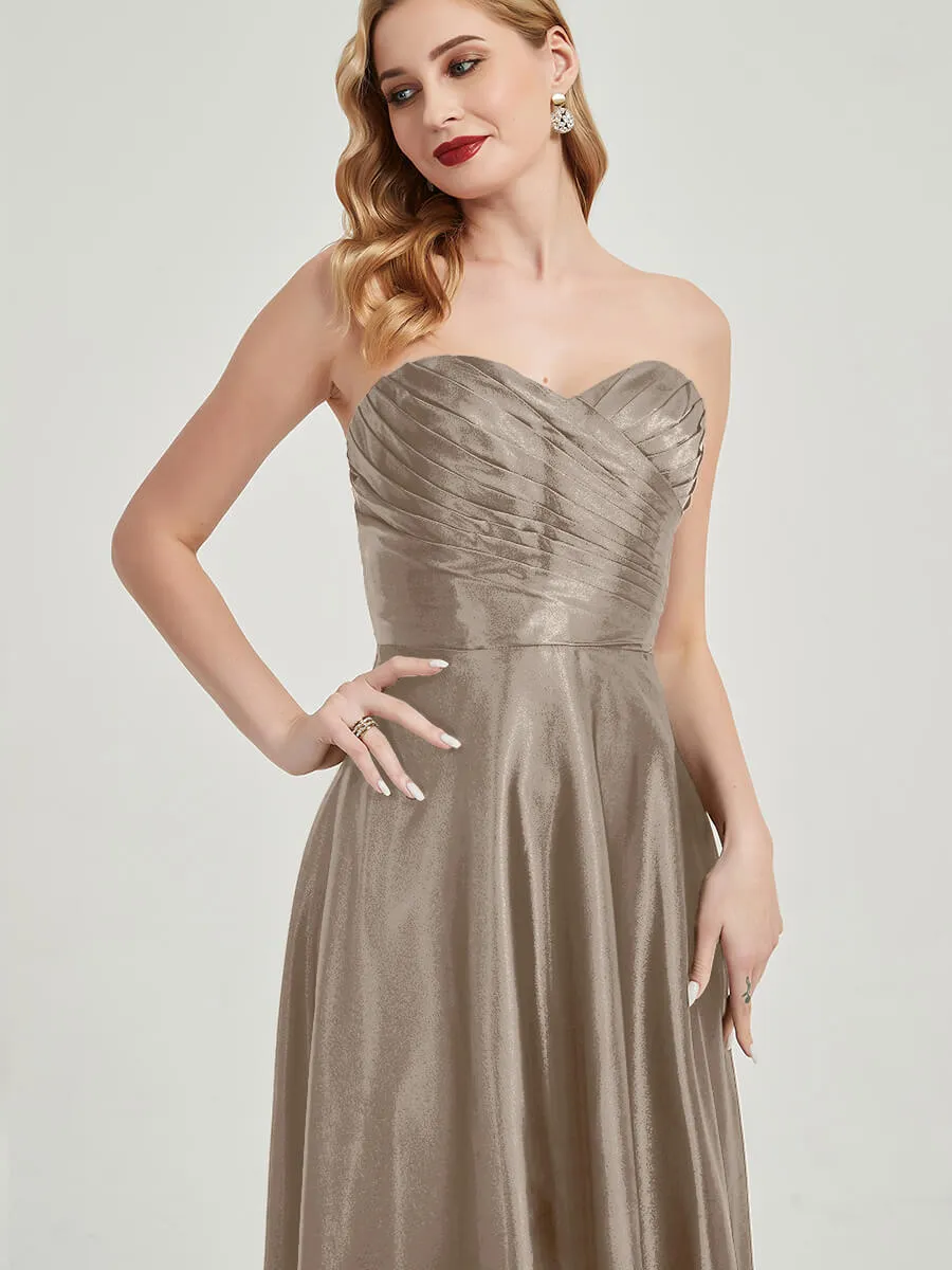 Taupe Satin Sweetheart Strapless Floor Length Pleated Bridesmaid Dress