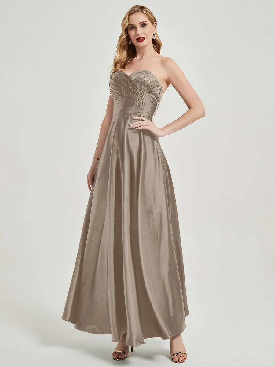 Taupe Satin Sweetheart Strapless Floor Length Pleated Bridesmaid Dress