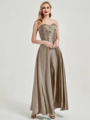 Taupe Satin Sweetheart Strapless Floor Length Pleated Bridesmaid Dress