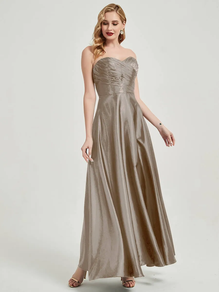 Taupe Satin Sweetheart Strapless Floor Length Pleated Bridesmaid Dress