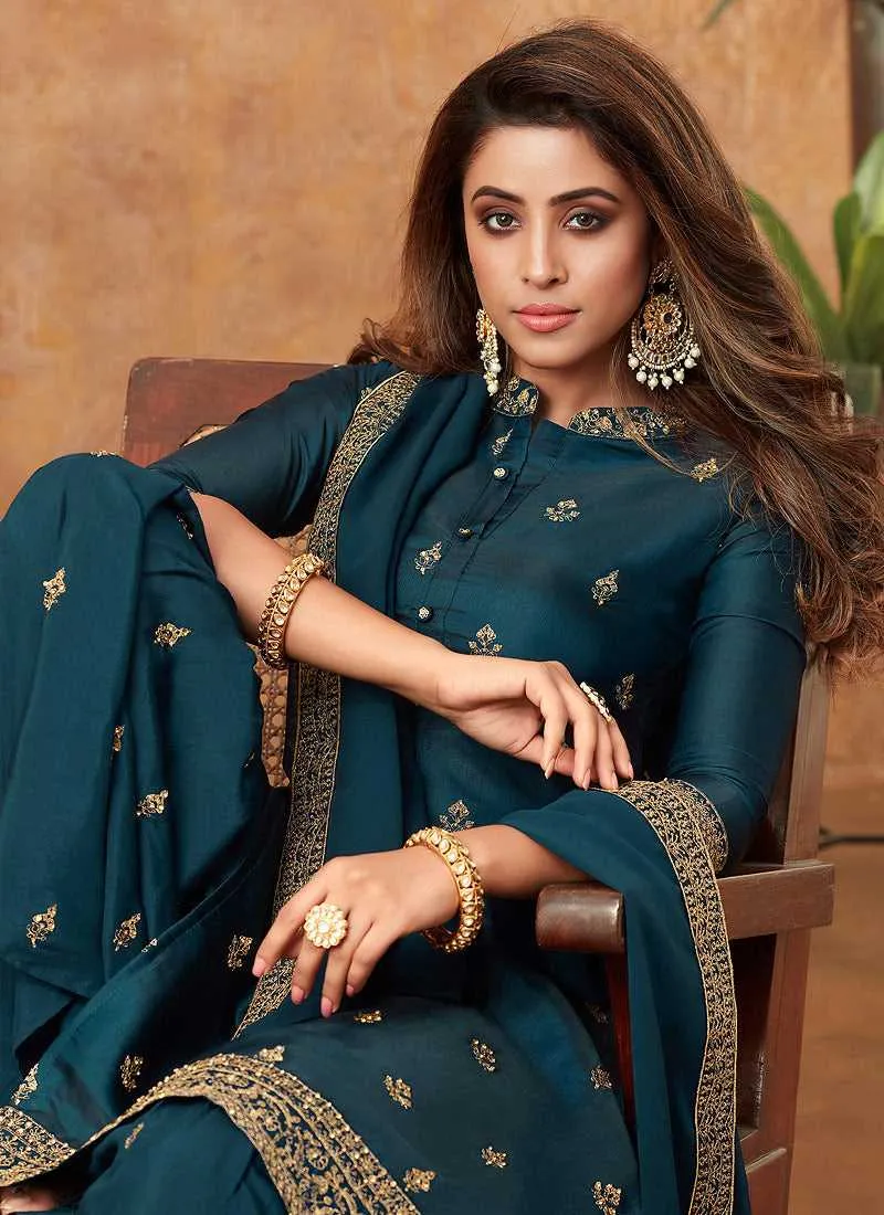 Teal Blue Embroidered Silk Palazzo Style Suit