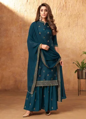 Teal Blue Embroidered Silk Palazzo Style Suit