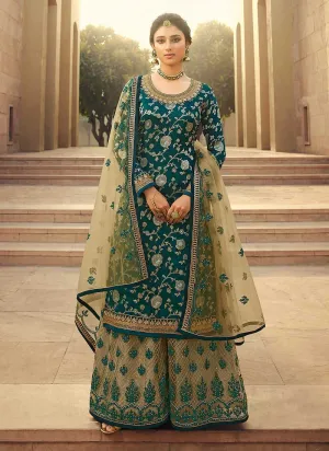 Teal Heavy Embroidered Designer Palazzo Style Suit