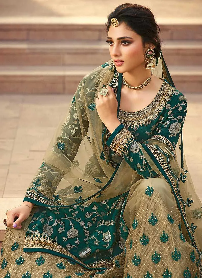 Teal Heavy Embroidered Designer Palazzo Style Suit
