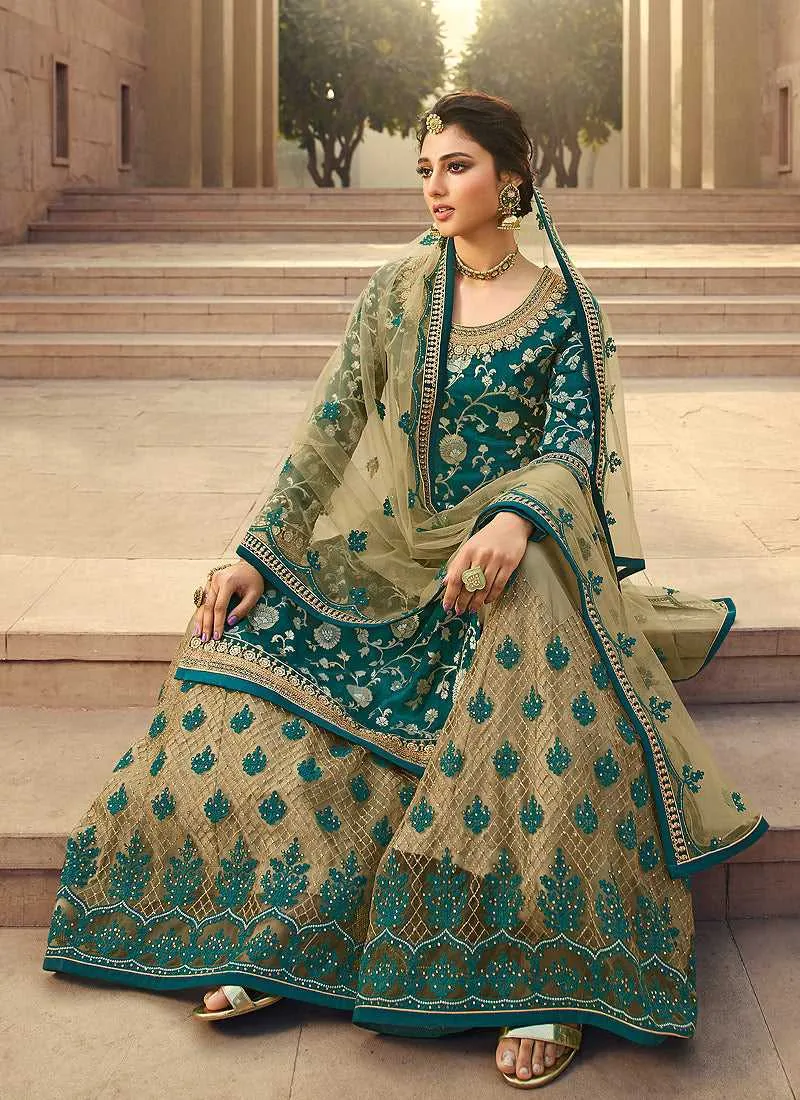 Teal Heavy Embroidered Designer Palazzo Style Suit