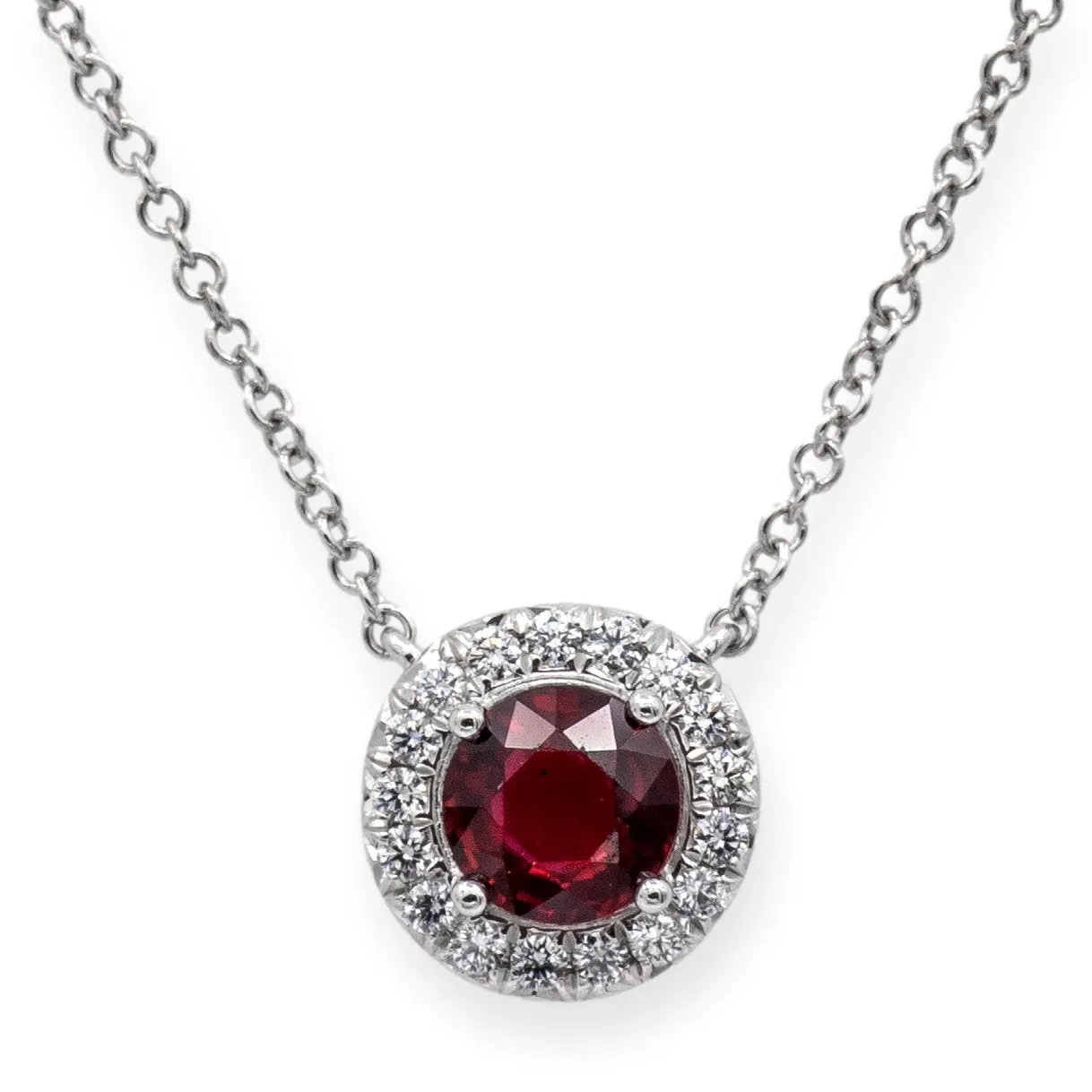 Tiffany & Co. Platinum Soleste Round Ruby and Diamond Pendant 16" Long