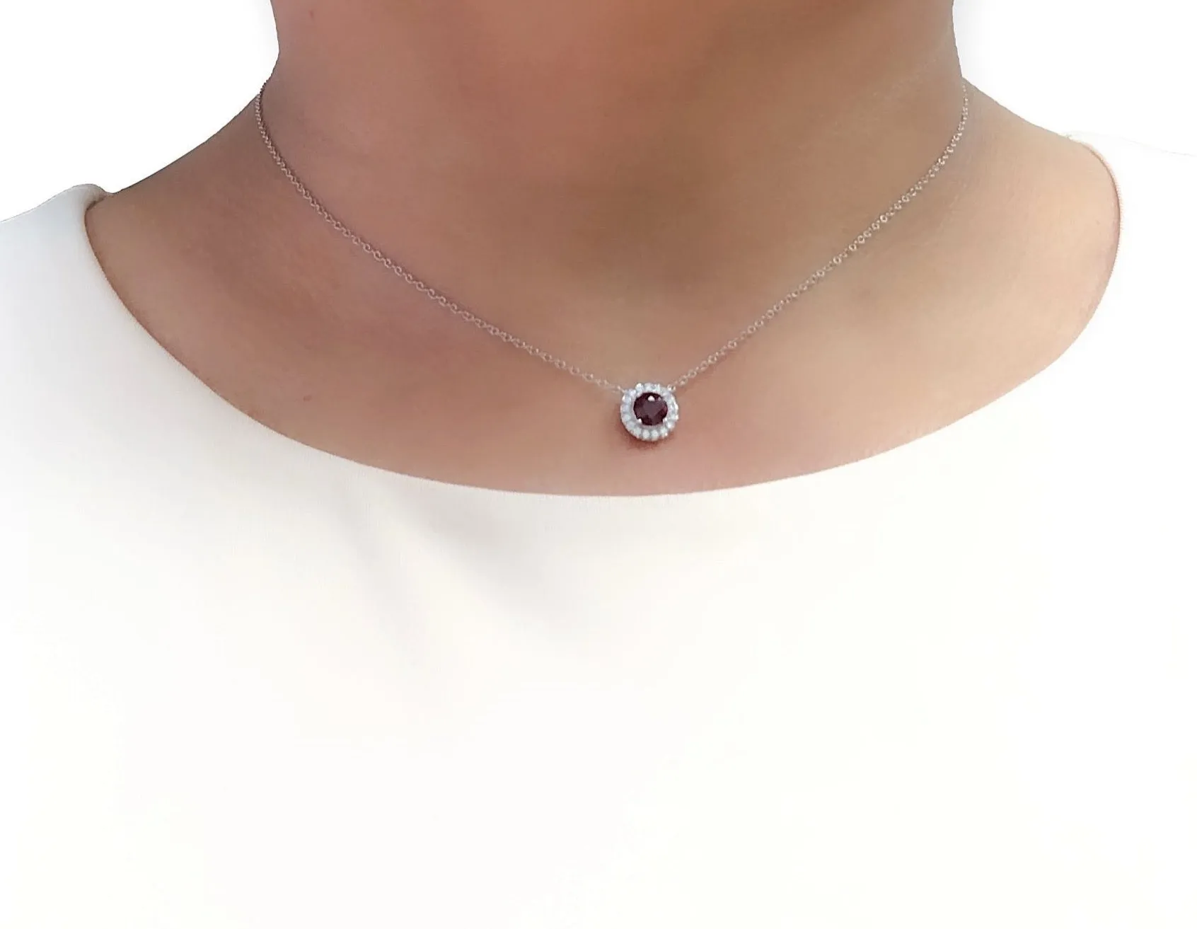 Tiffany & Co. Platinum Soleste Round Ruby and Diamond Pendant 16" Long