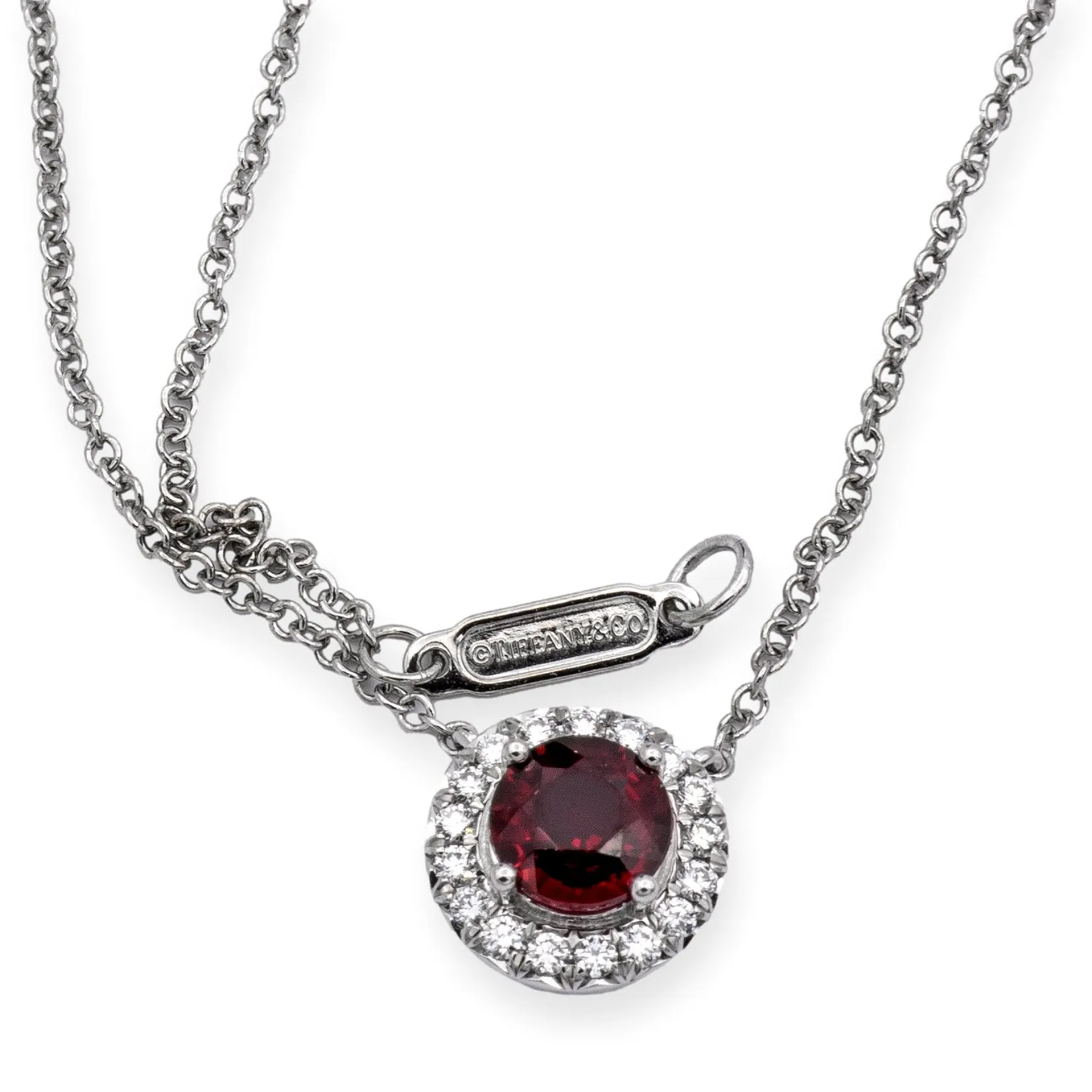 Tiffany & Co. Platinum Soleste Round Ruby and Diamond Pendant 16" Long