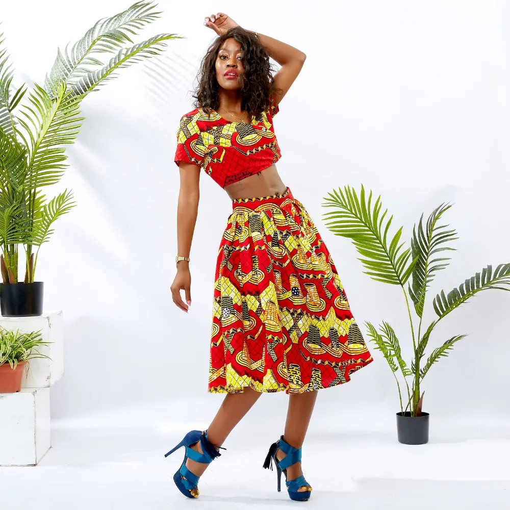 Traditional African Kitenge Wax Print Ankara Skirt   Short Sleeve MidriffTop