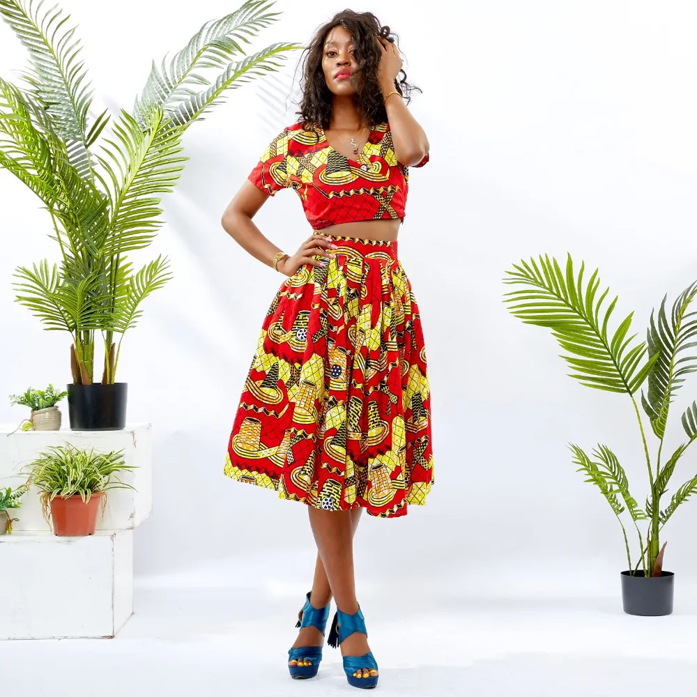 Traditional African Kitenge Wax Print Ankara Skirt   Short Sleeve MidriffTop