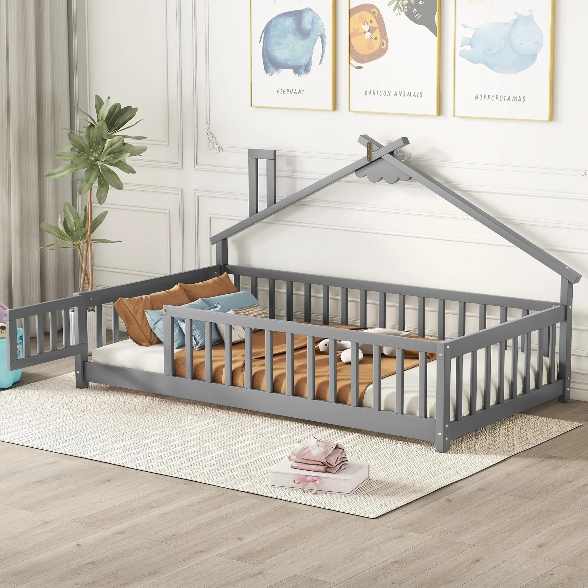 Twin Pine Wood House-Shaped Bedside Floor Bed with Guardrails Door