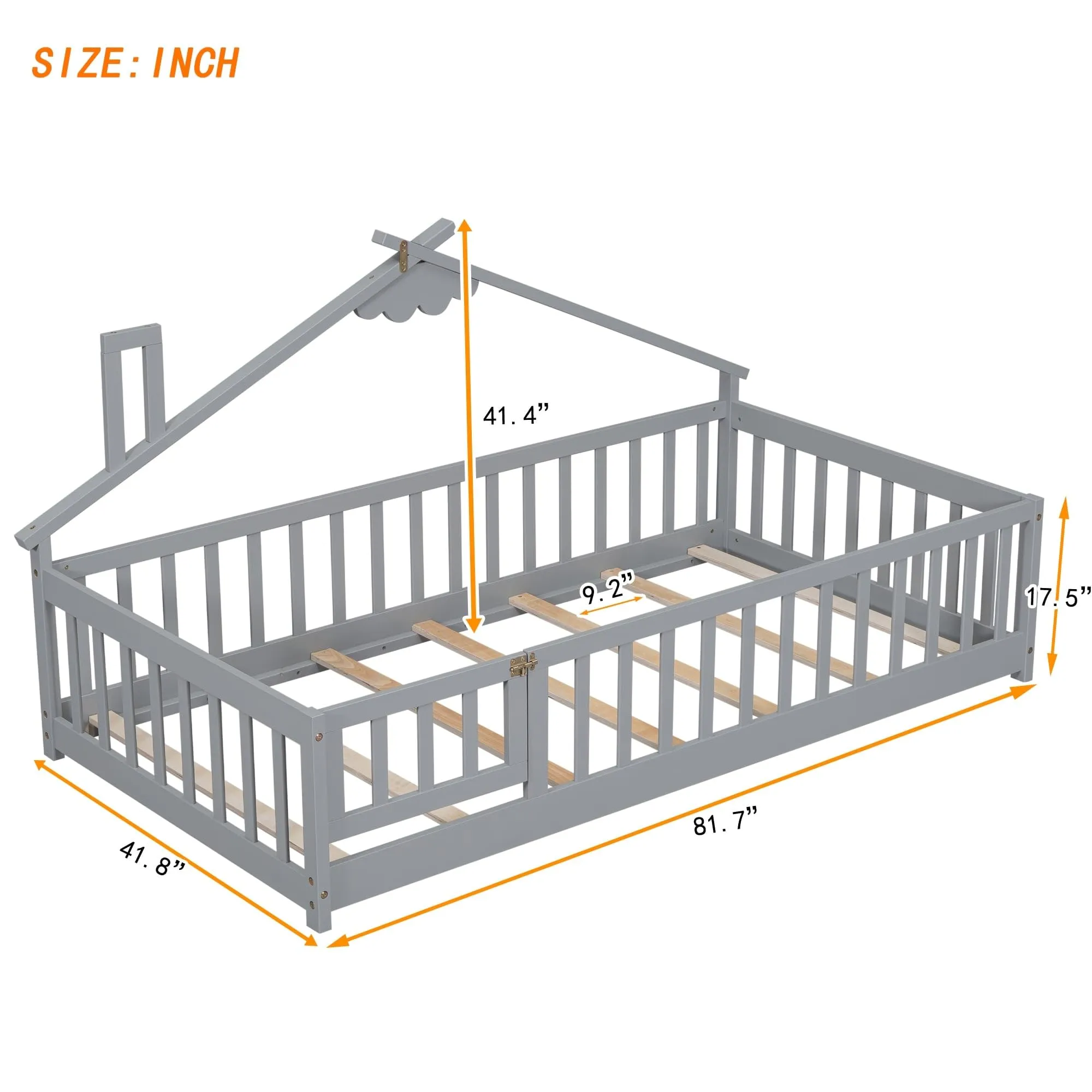 Twin Pine Wood House-Shaped Bedside Floor Bed with Guardrails Door